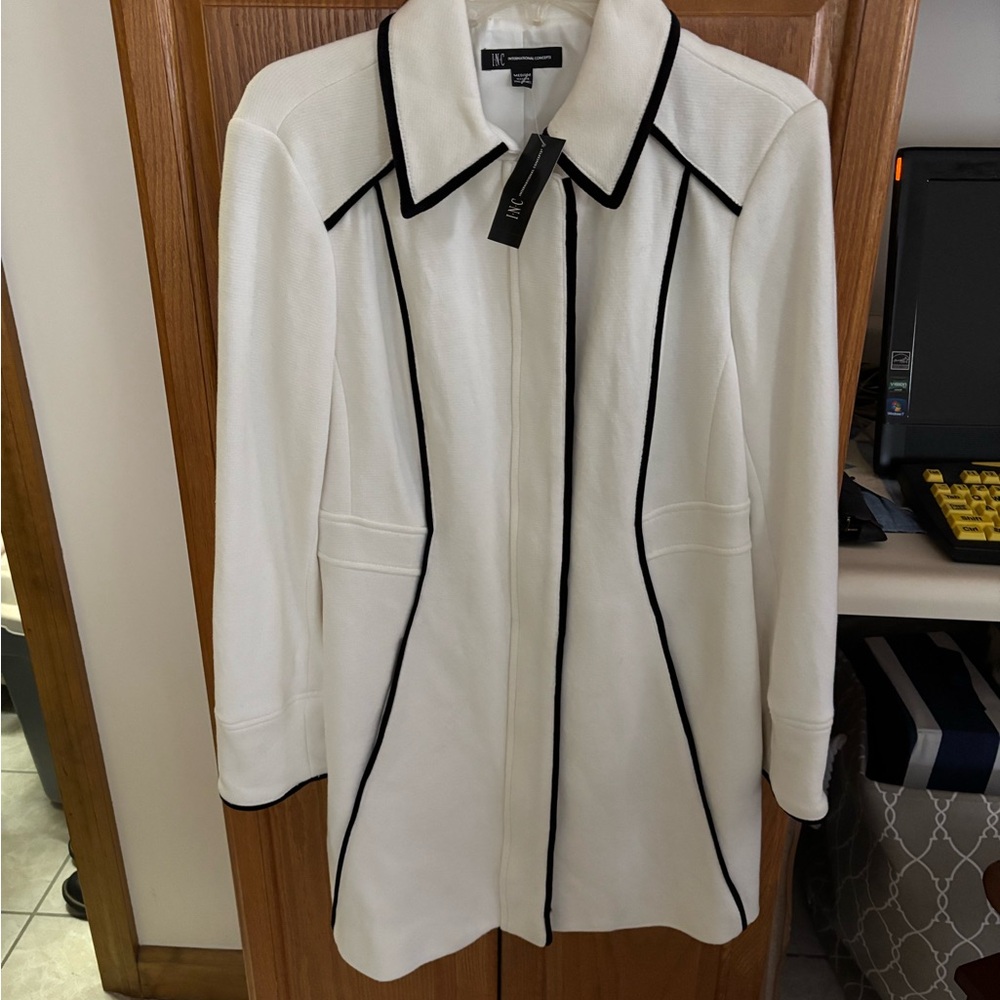INC White and Black Trench Coat with Tailored Silhouette